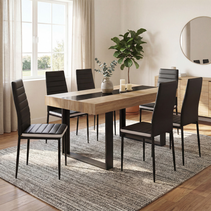 Tavolo da pranzo rettangolare in legno e nero da 160 cm e 6 sedie nere - PHOENIX | IdMarket