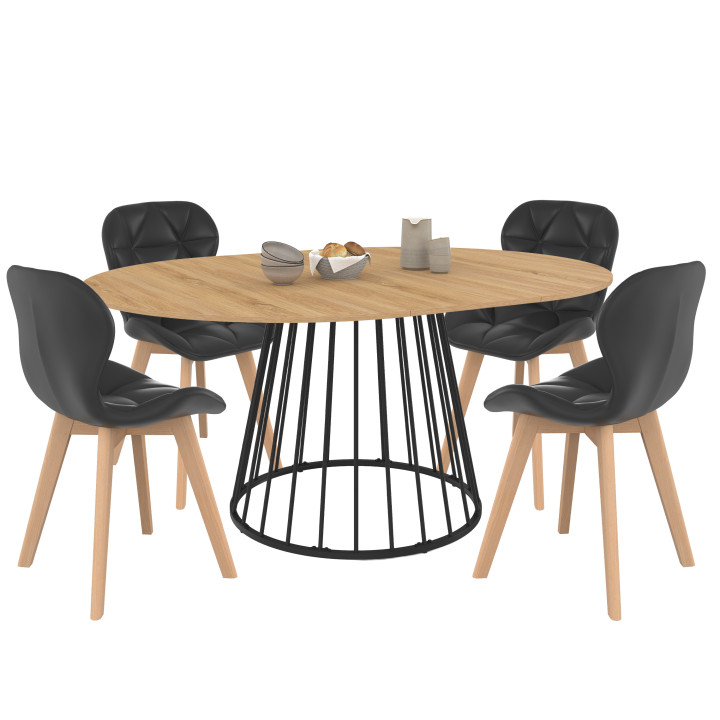 Set di tavolo da pranzo rotondo allungabile con piano in legno e gamba in filo metallico 110-150 cm e 4 sedie in PU nero