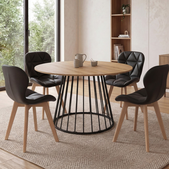 Set di tavolo da pranzo rotondo allungabile con piano in legno e gamba in filo metallico 110-150 cm e 4 sedie in PU nero