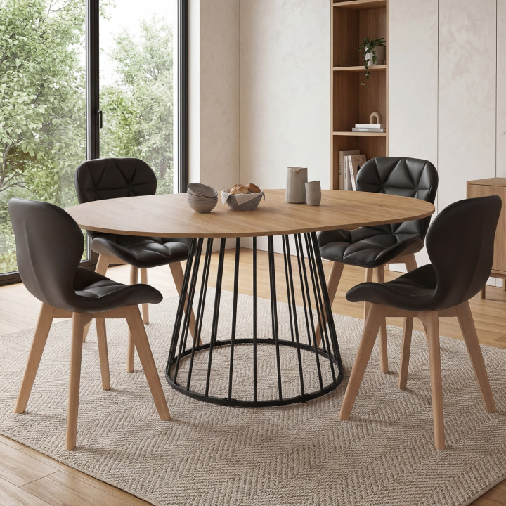 Set di tavolo da pranzo rotondo allungabile con piano in legno e gamba in filo metallico 110-150 cm e 4 sedie in PU nero