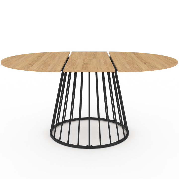 Set di tavolo da pranzo rotondo allungabile con piano in legno e gamba in filo metallico 110-150 cm e 4 sedie in PU nero