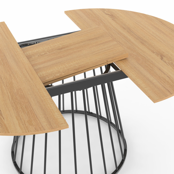 Set di tavolo da pranzo rotondo allungabile con piano in legno e gamba in filo metallico 110-150 cm e 4 sedie in PU nero