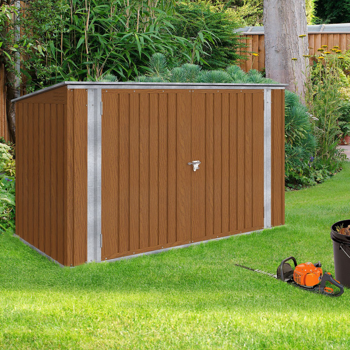 Casetta da giardino in metallo effetto legno con serratura e multi-sgabuzzino per biciclette, attrezzi e bidoni | IdMarket