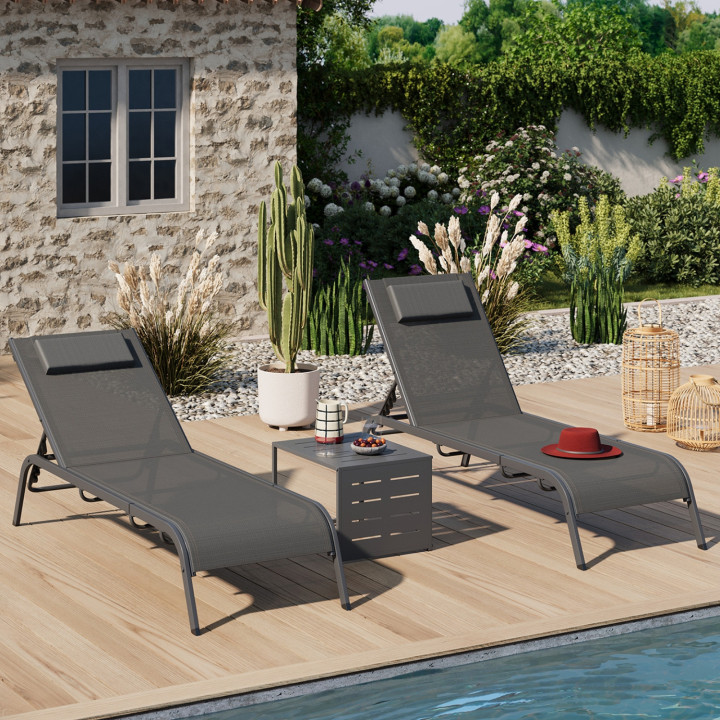 Set di 2 lettini da giardino reclinabili con tavolino in acciaio grigio - BORA | IdMarket