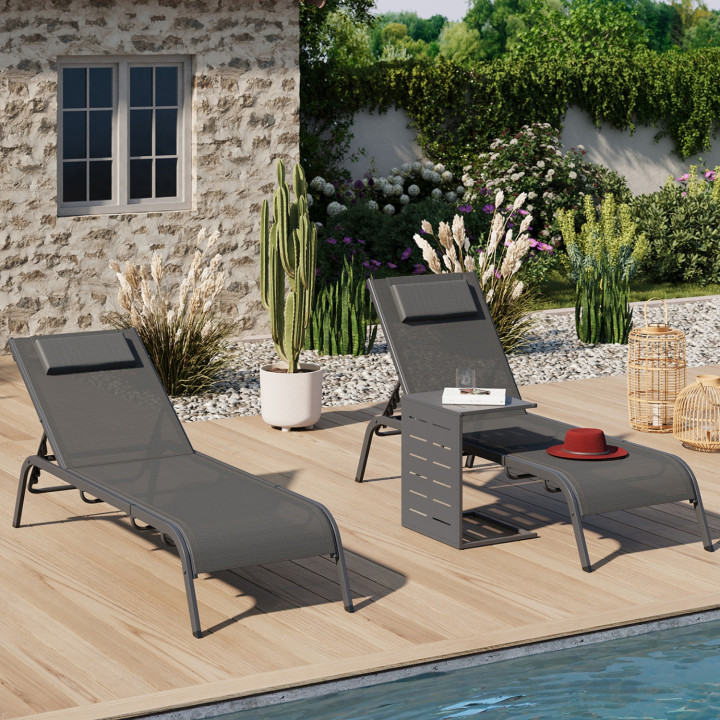 Set di 2 lettini da giardino reclinabili con tavolino in acciaio grigio - BORA | IdMarket