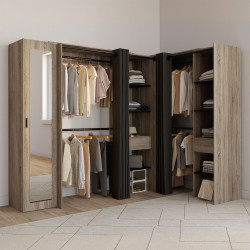 MARLON 230 x 140 x 180 cm cm armadio angolare in faggio con armadi + ripiani + specchio + tende nere