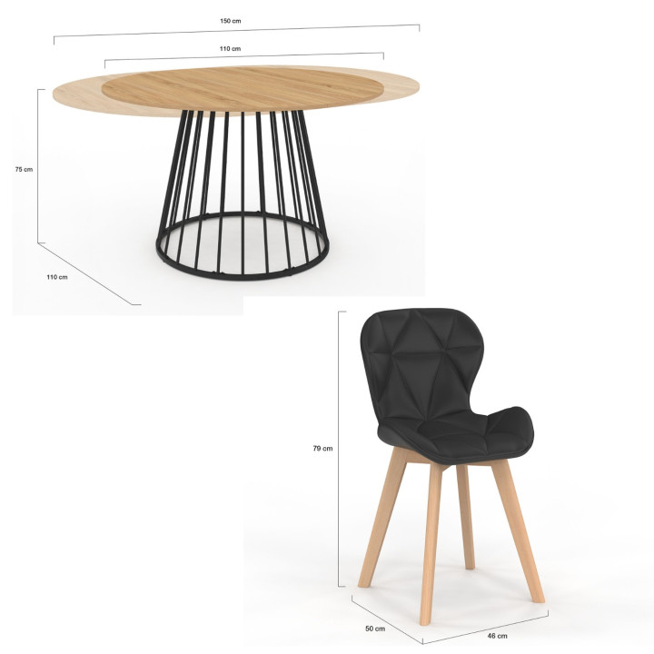 Set di tavolo da pranzo rotondo allungabile con piano in legno e gamba in filo metallico 110-150 cm e 4 sedie in PU nero