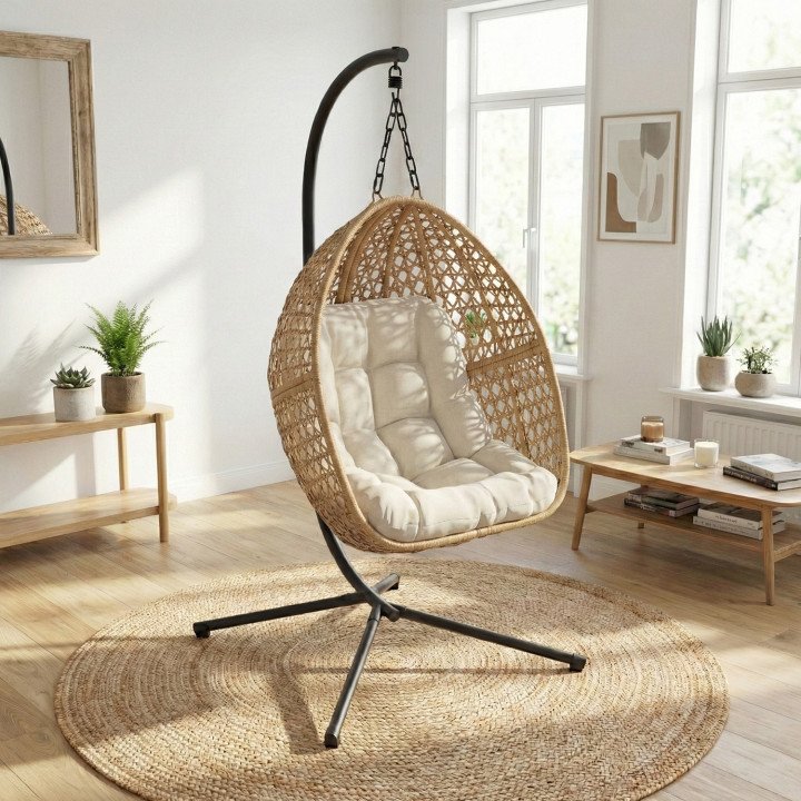 Poltrona a luna sospesa in rattan con cuscino ecru | ID Market