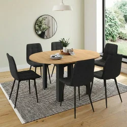 Tavolo da pranzo rotondo allungabile 4-8 persone, nero, piano in faggio 110-150 cm - DONA | IdMarket