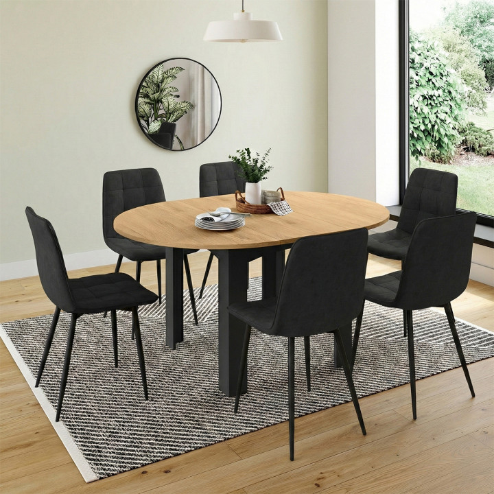 Tavolo da pranzo rotondo allungabile 4-8 persone, nero, piano in faggio 110-150 cm - DONA | IdMarket