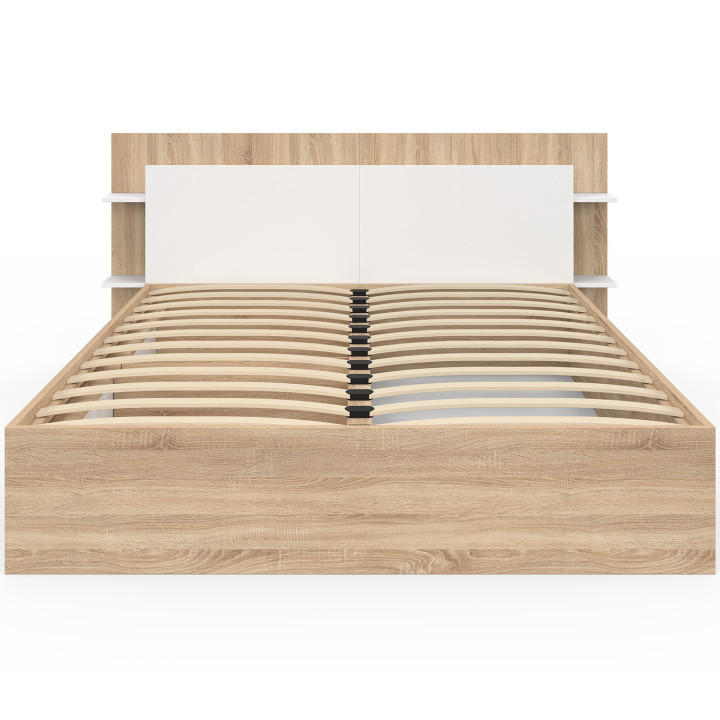 Letto matrimoniale con contenitore, rete e testata 140 x 190 cm in legno e bianco