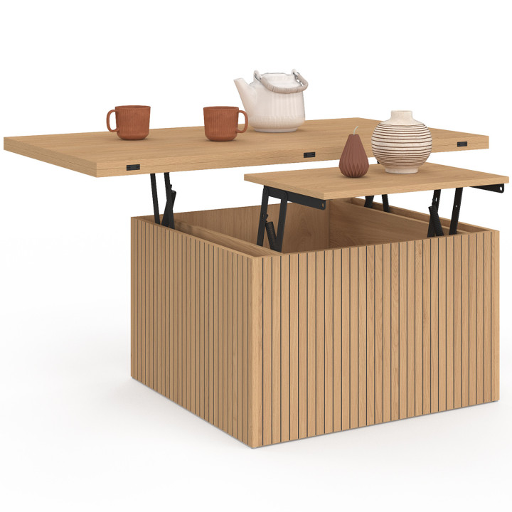 Tavolino rettangolare con piano sollevabile, trasformabile in tavolo da pranzo JULIETTE, 100 cm, effetto doghe di legno