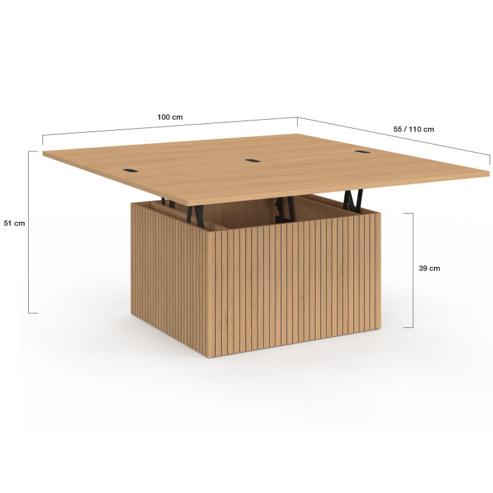 Tavolino rettangolare con piano sollevabile, trasformabile in tavolo da pranzo JULIETTE, 100 cm, effetto doghe di legno