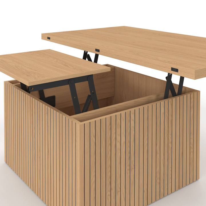 Tavolino rettangolare con piano sollevabile, trasformabile in tavolo da pranzo JULIETTE, 100 cm, effetto doghe di legno