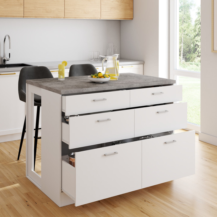 Isola centrale breakfront ORSO da 120 cm con 6 cassetti bianchi e piano di lavoro effetto cemento