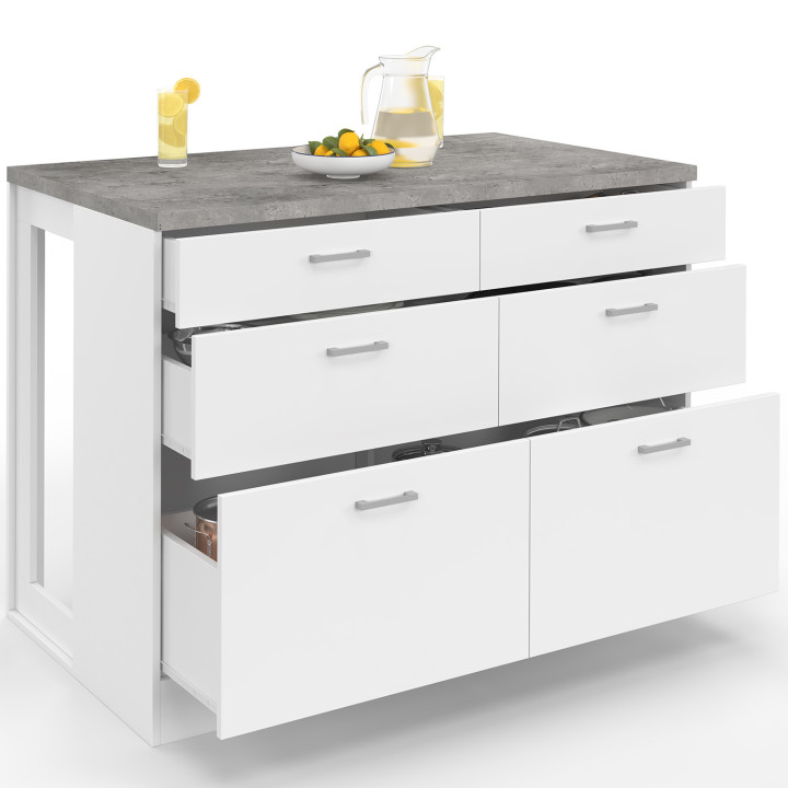 Isola centrale breakfront ORSO da 120 cm con 6 cassetti bianchi e piano di lavoro effetto cemento