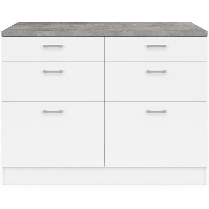 Isola centrale breakfront ORSO da 120 cm con 6 cassetti bianchi e piano di lavoro effetto cemento
