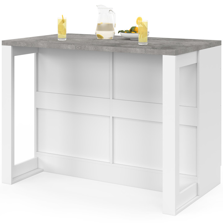 Isola centrale breakfront ORSO da 120 cm con 6 cassetti bianchi e piano di lavoro effetto cemento