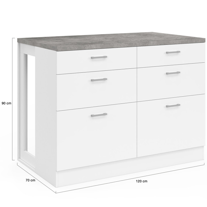 Isola centrale breakfront ORSO da 120 cm con 6 cassetti bianchi e piano di lavoro effetto cemento