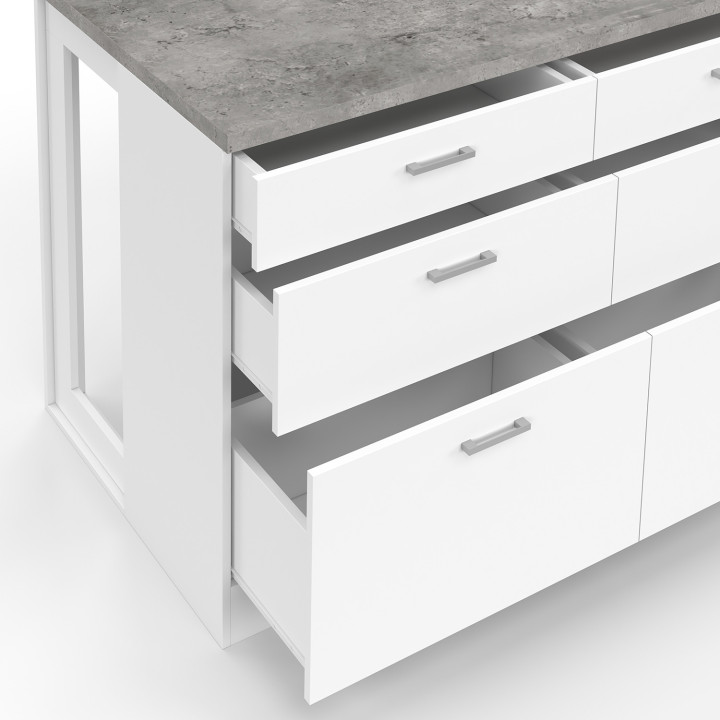 Isola centrale breakfront ORSO da 120 cm con 6 cassetti bianchi e piano di lavoro effetto cemento