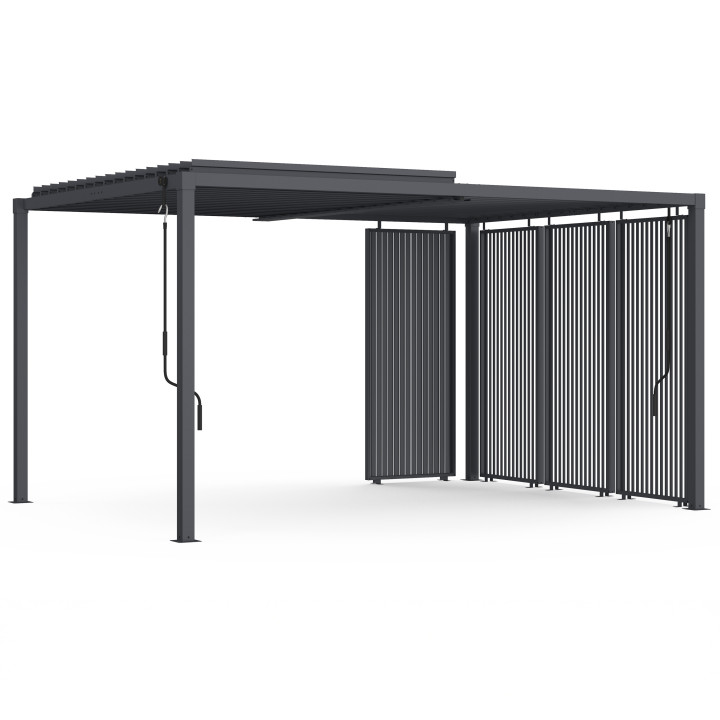 Pergola bioclimatica a lamelle orientabili in acciaio 3x4 M con tende verticali grigio antracite | IdMarket