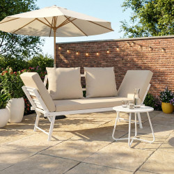Divano da giardino, panca trasformabile NOLA 2/3 posti con braccioli reclinabili in metallo bianco e cuscini beige