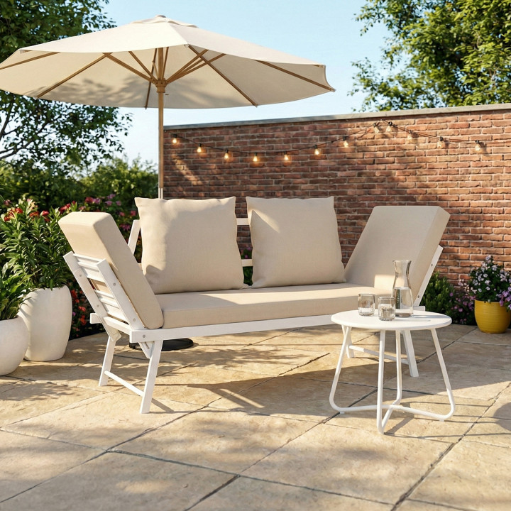 Divano da giardino, panca trasformabile NOLA 2/3 posti con braccioli reclinabili in metallo bianco e cuscini beige