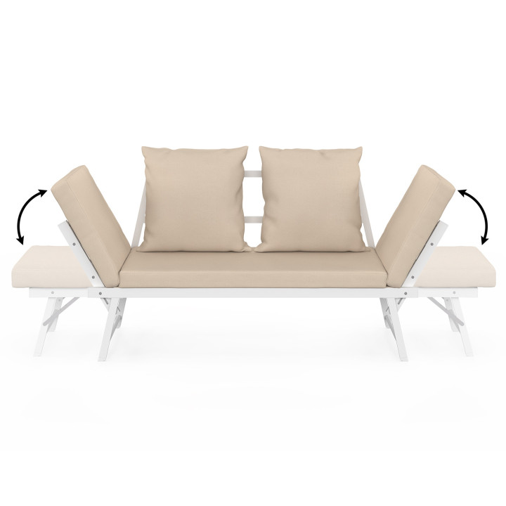 Divano da giardino, panca trasformabile NOLA 2/3 posti con braccioli reclinabili in metallo bianco e cuscini beige