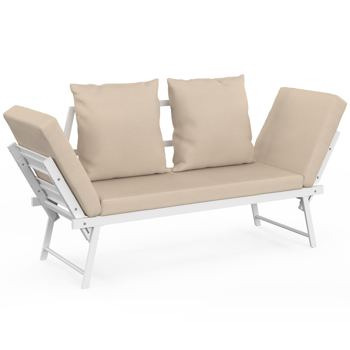 Divano da giardino, panca trasformabile NOLA 2/3 posti con braccioli reclinabili in metallo bianco e cuscini beige