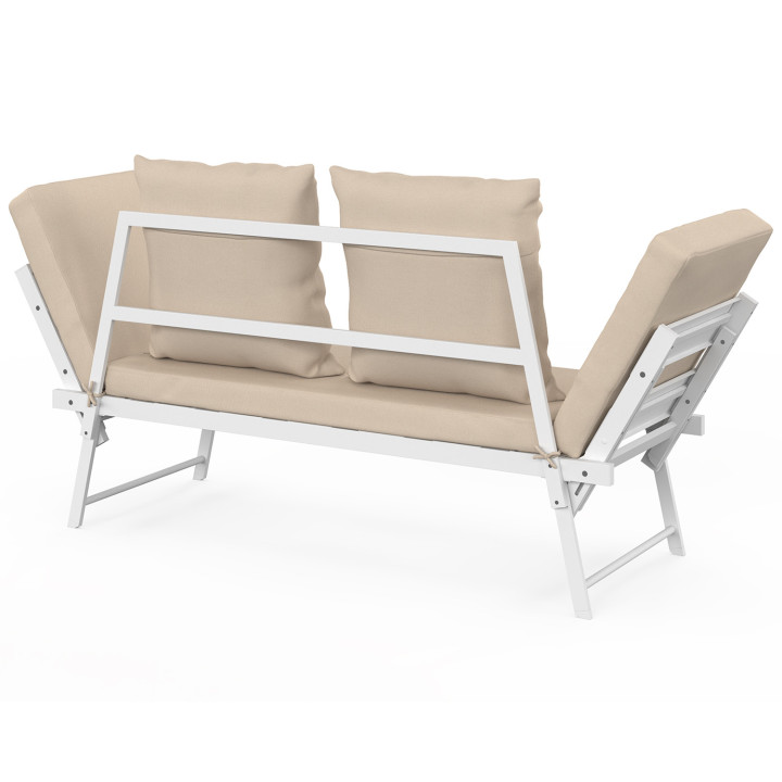 Divano da giardino, panca trasformabile NOLA 2/3 posti con braccioli reclinabili in metallo bianco e cuscini beige