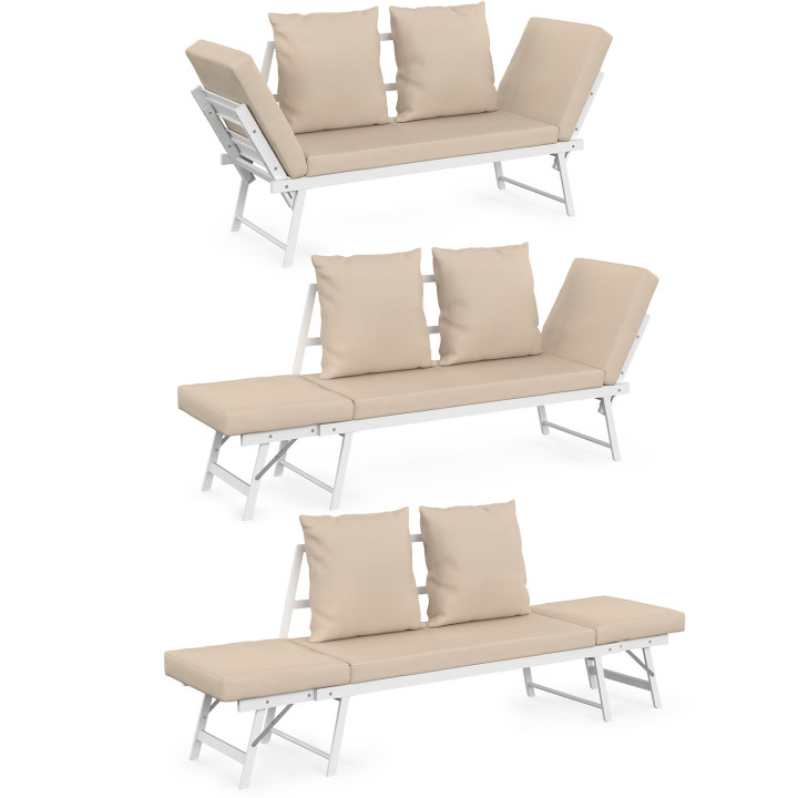 Divano da giardino, panca trasformabile NOLA 2/3 posti con braccioli reclinabili in metallo bianco e cuscini beige