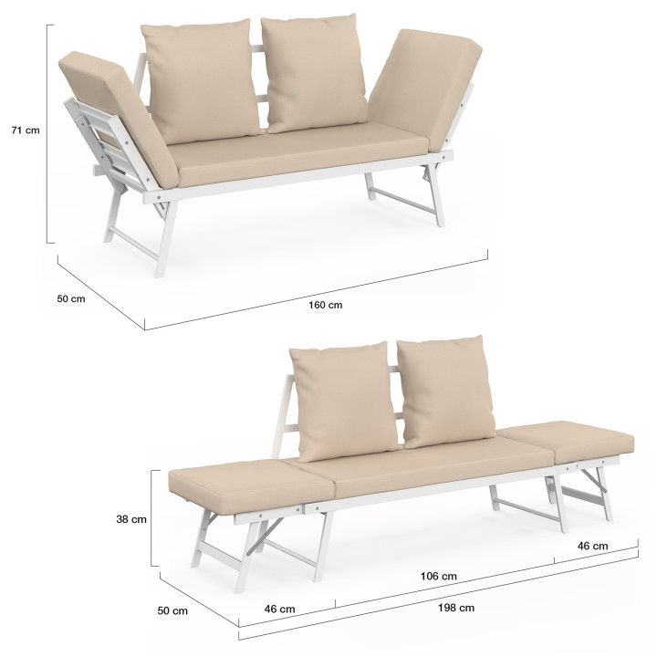 Divano da giardino, panca trasformabile NOLA 2/3 posti con braccioli reclinabili in metallo bianco e cuscini beige