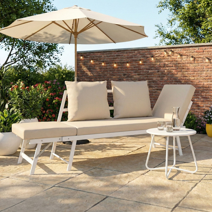 Divano da giardino, panca trasformabile NOLA 2/3 posti con braccioli reclinabili in metallo bianco e cuscini beige