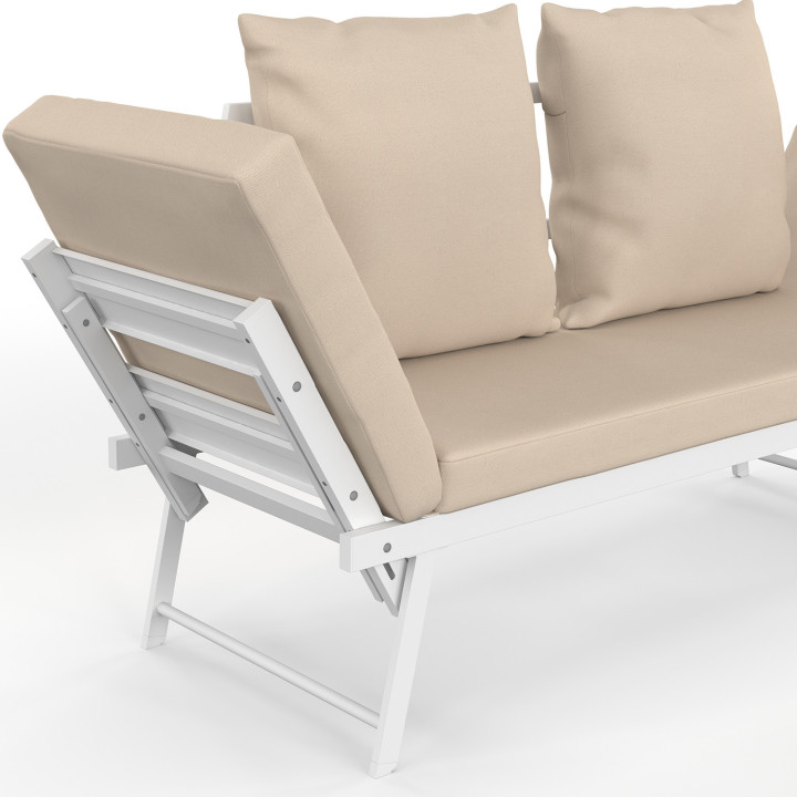 Divano da giardino, panca trasformabile NOLA 2/3 posti con braccioli reclinabili in metallo bianco e cuscini beige