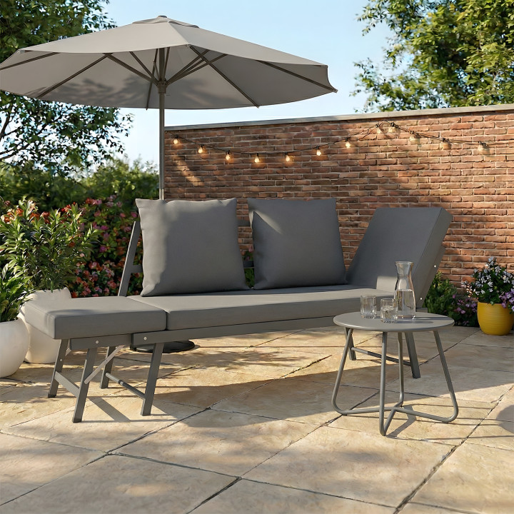 Divano da giardino e panca trasformabile NOLA a 2/3 posti con braccioli reclinabili in metallo e cuscini grigio antracite