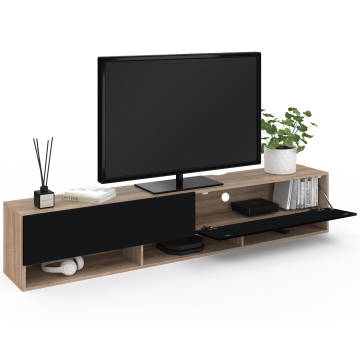 Mobile TV sospeso in legno e nero con ripiani da 180 cm - ELIO | ID Market