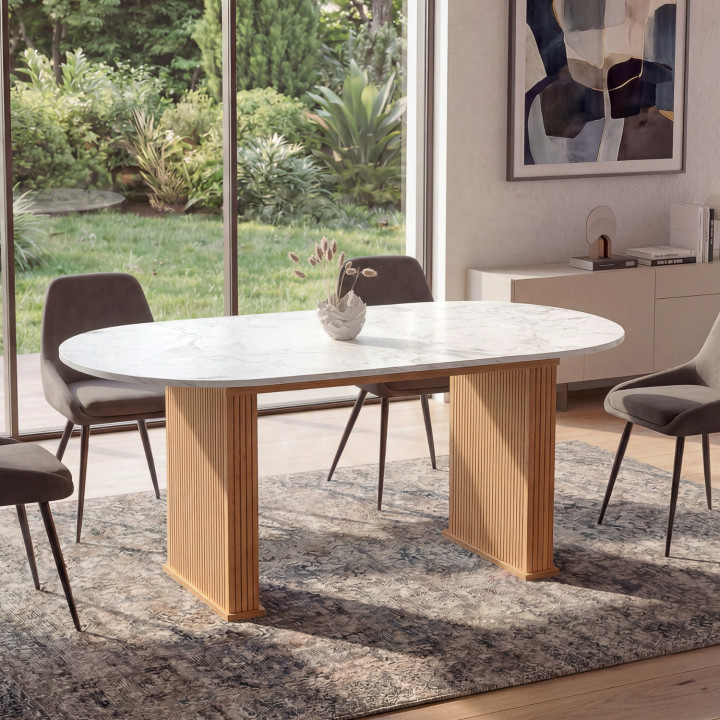 Tavolo da pranzo ovale allungabile JULIETTE 6-10 persone gambe a doghe in rovere piano effetto marmo 160-200 cm
