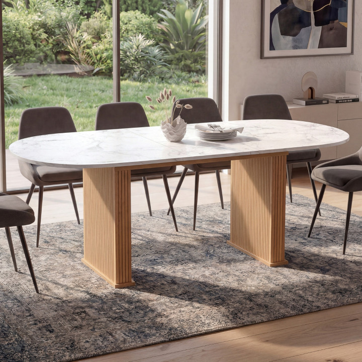 Tavolo da pranzo ovale allungabile JULIETTE 6-10 persone gambe a doghe in rovere piano effetto marmo 160-200 cm