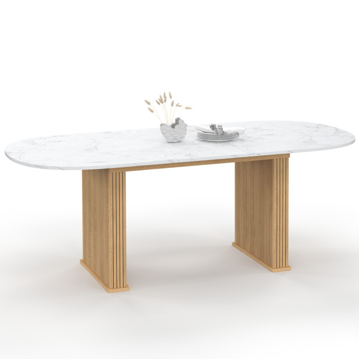 Tavolo da pranzo ovale allungabile JULIETTE 6-10 persone gambe a doghe in rovere piano effetto marmo 160-200 cm