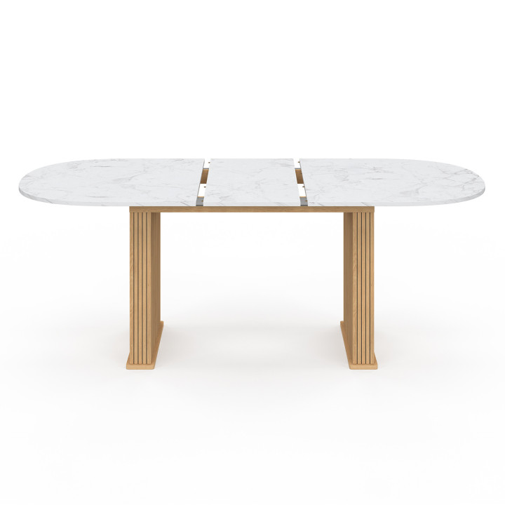 Tavolo da pranzo ovale allungabile JULIETTE 6-10 persone gambe a doghe in rovere piano effetto marmo 160-200 cm