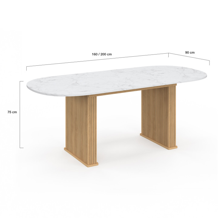 Tavolo da pranzo ovale allungabile JULIETTE 6-10 persone gambe a doghe in rovere piano effetto marmo 160-200 cm