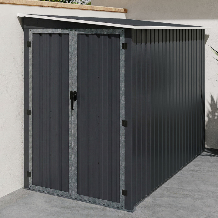 Casetta da giardino addossata in acciaio zincato grigio di 3 m² con base a doppia porta laterale | IdMarket