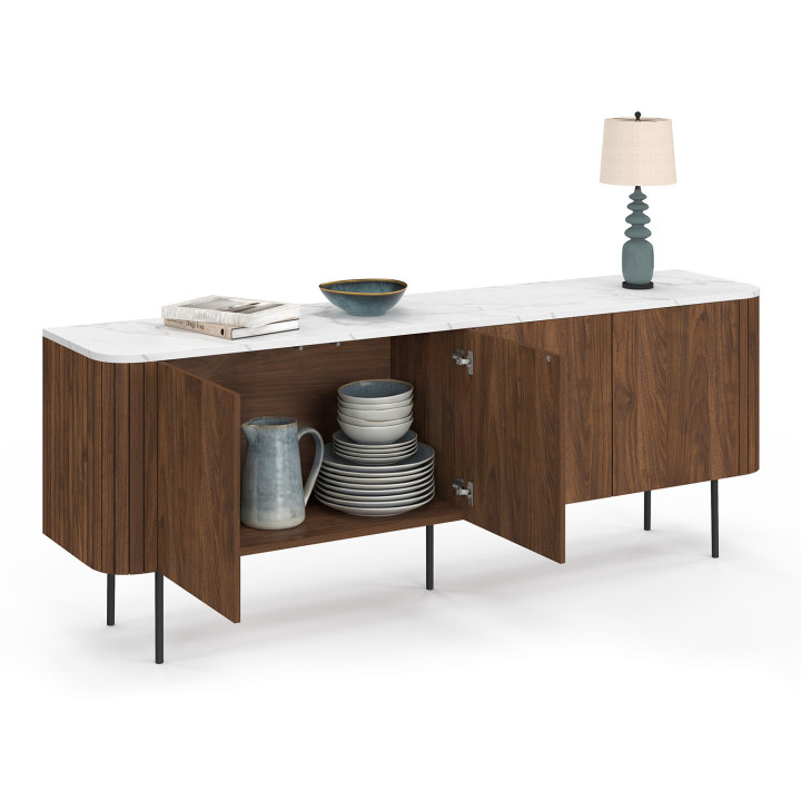 Credenza bassa da 160 cm con 4 ante effetto noce e piano in marmo bianco - MARLA | IdMarket