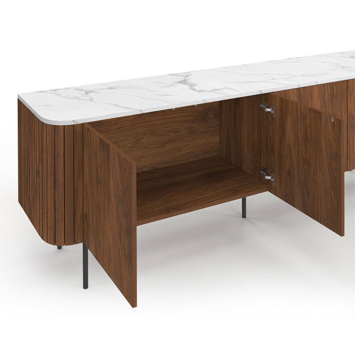 Credenza bassa da 160 cm con 4 ante effetto noce e piano in marmo bianco - MARLA | IdMarket