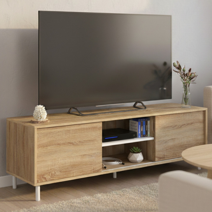 Mobile TV da 140 cm con 2 ante scorrevoli reversibili in legno ed effetto bianco, montaggio senza attrezzi