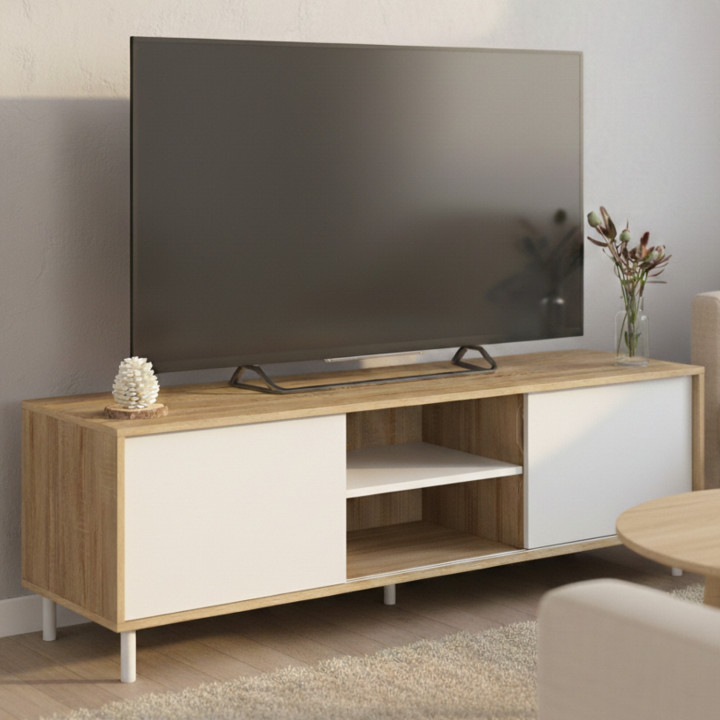 Mobile TV da 140 cm con 2 ante scorrevoli reversibili in legno ed effetto bianco, montaggio senza attrezzi