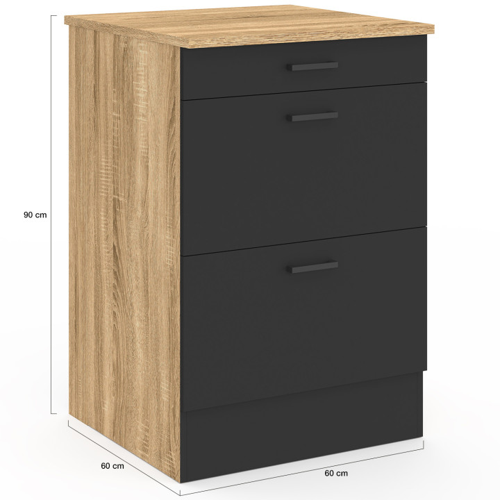 Base cucina 60 cm SUBTIL casseruola occasionale 3 cassetti legno e nero