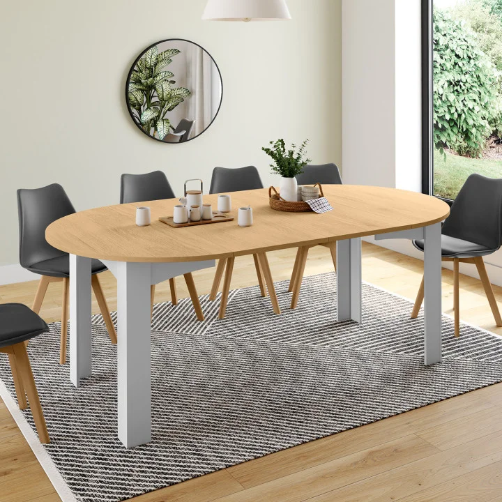 Tavolo da pranzo rotondo allungabile per 4-10 persone, bianco, piano in faggio 110-200 cm - DONA | IdMarket