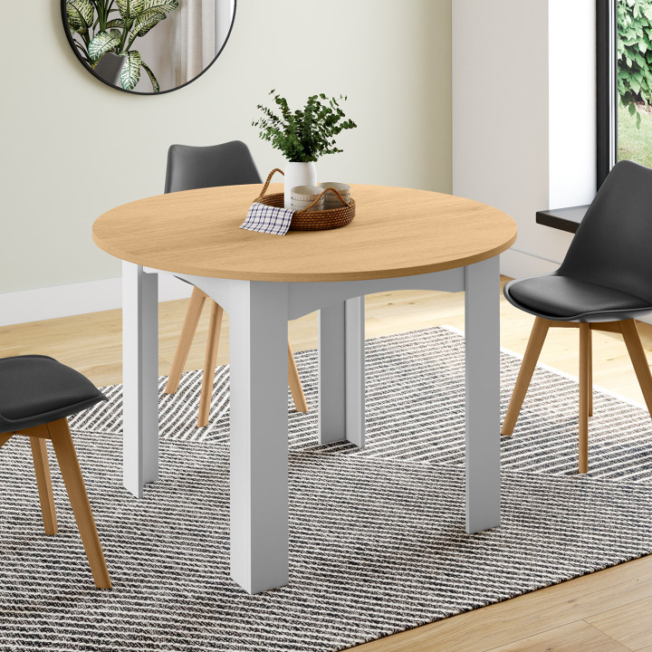 Tavolo da pranzo rotondo allungabile per 4-10 persone, bianco, piano in faggio 110-200 cm - DONA | IdMarket