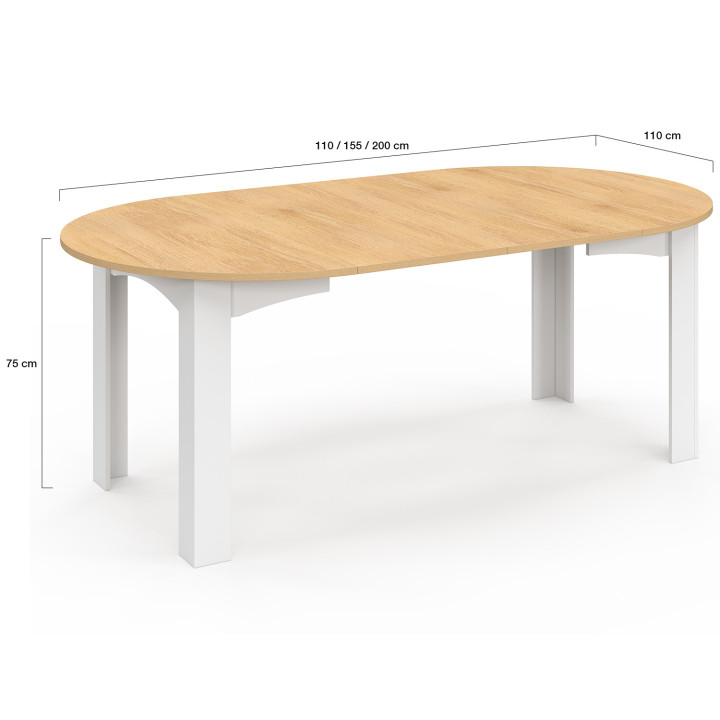 Tavolo da pranzo rotondo allungabile per 4-10 persone, bianco, piano in faggio 110-200 cm - DONA | IdMarket